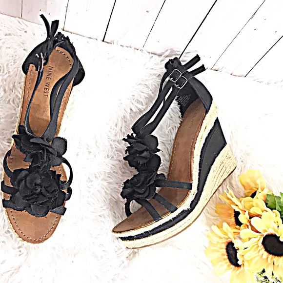 Nine West Shoes - NINE WEST Black Flower Espadrille Wedges 10